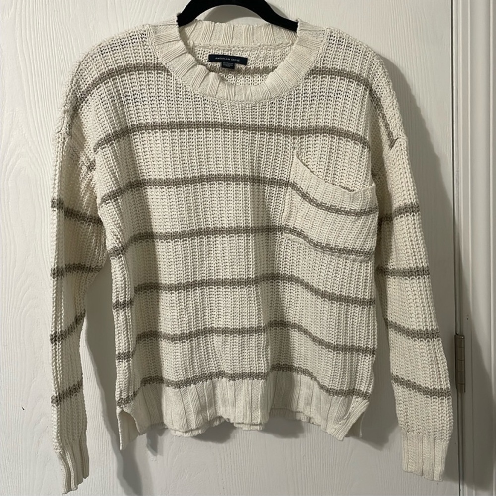 💰American Eagle NWOT Semi Cropped Knit Striped Sweater Oversized XS fits upto XL